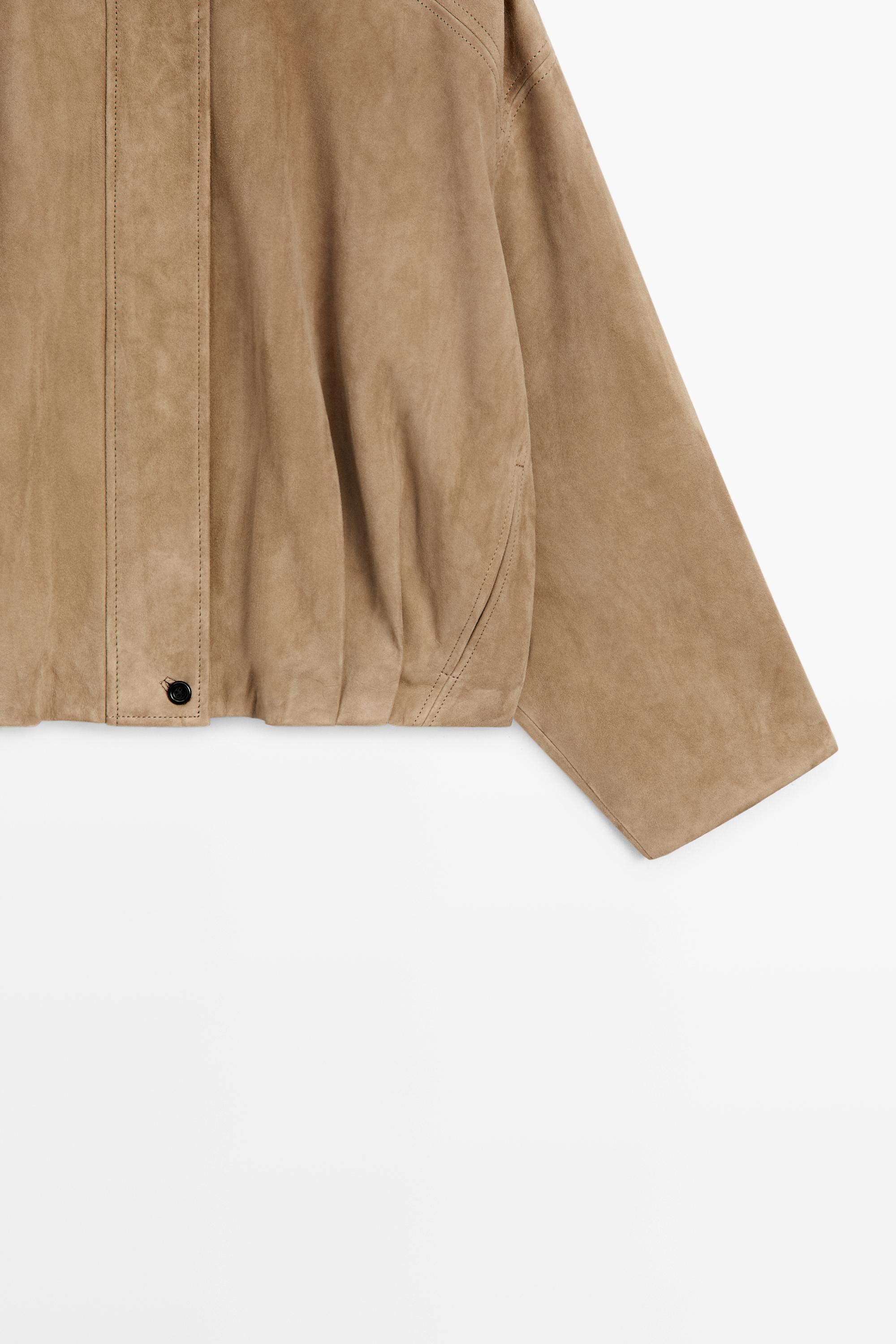 Blouson bomber plissé en cuir et daim